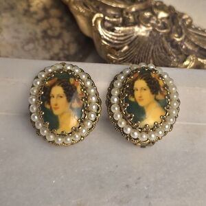 WEST GERMANY Vintage Portrait Cameo Filigree Faux Pearl Clip On Earrings.